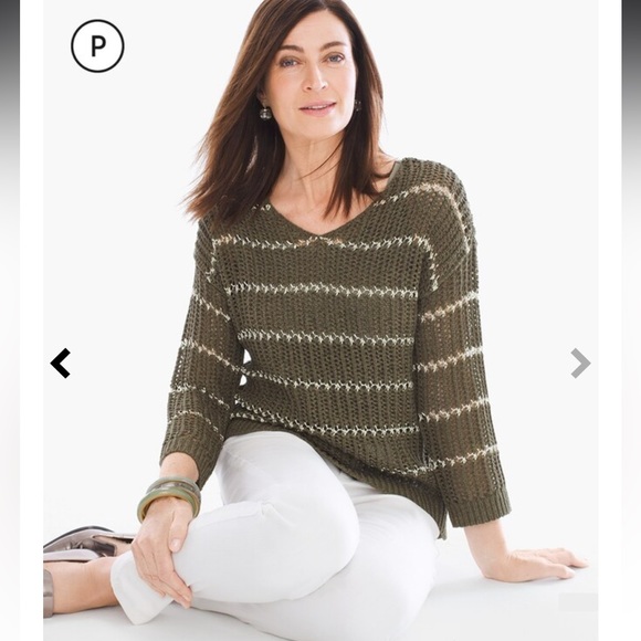 •CHICOS•SHINE STRIPED CHARLOTTE OPEN KNIT RIBBED 3/4 SLEEVE SCOOPNECK SWEATER 1 - Picture 4 of 14